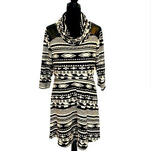 Rhapsody southwest pattern design sweater dress w/ cowl neckline Black & White